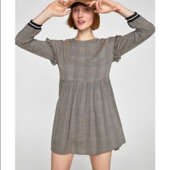 🖤ZARA🖤 Plaid Houndstooth Varsity 3/4 Sleeve Mini Babydoll Dress Flannel Ruffle - Picture 1 of 9